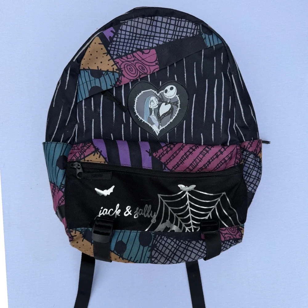 Disney Nightmare Before Christmas Jack Sally Patchwork Pinstripe Backpack Black